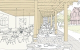 pen and ink sketch in pastel colours of a cafe and outside seating